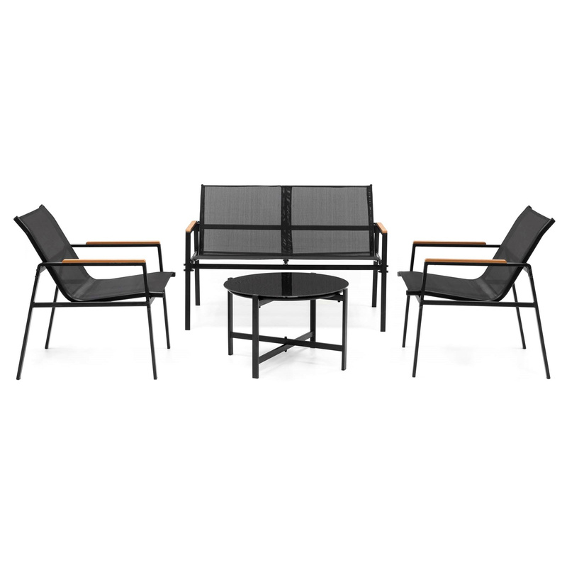 Meble ogrodowe, zestaw dla 4 osób sofa, krzesła, stolik metalowe, czarne