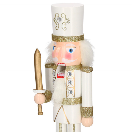 Dziadek do orzechów 38 cm z mieczem, drewniany żołnierzyk kremowo-złoty, figurka świąteczna