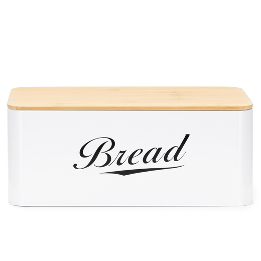 Chlebak metalowy, zamykany z bambusową deską, pojemnik na pieczywo, biały