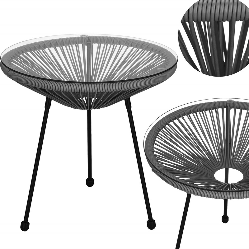 Stół ogrodowy rattanowy ze szklanym blatem 50 cm okrągły stolik na balkon czarno-szary