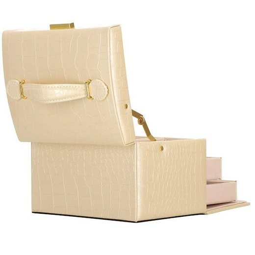 Szkatułka na biżuterię ekoskóra 17,5x14x12,5 cm ecru organizer z przegródkami