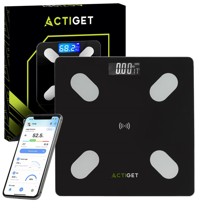 Waga łazienkowa, elektroniczna 180 kg szkło hartowane, LCD, z bluetooth, aplikacją czarna