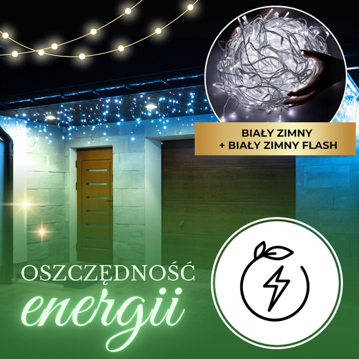 Kurtyna świetlna 300 led girlanda, lampki wewnętrzno-zewnętrzne 15,5 m sople biały zimny + flash