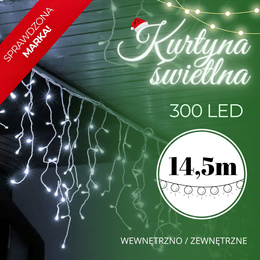 Kurtyna świetlna z pilotem 14,5 m  girlanda 300 led lampki wewnętrzno-zewnętrzne sople zimny biały