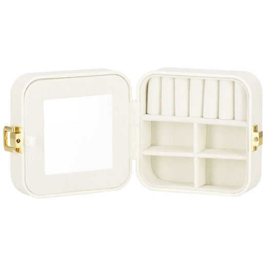 Szkatułka na biżuterię 10x10x5 cm kremowy organizer z przegródkami ekoskóra