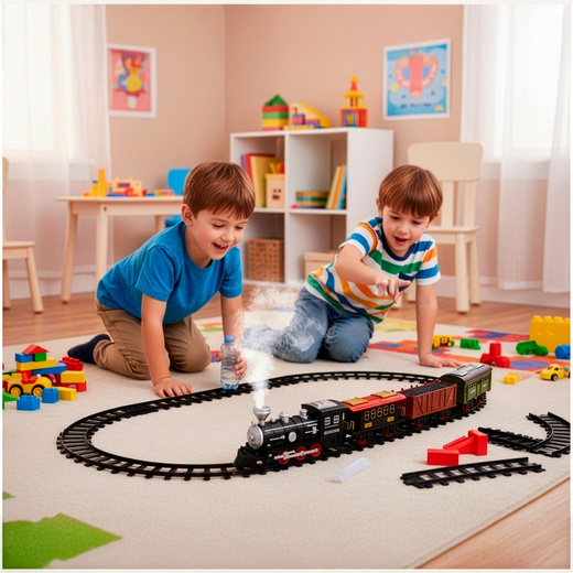 Pociąg z wagonami dla dzieci z mgiełką i dźwiękami, lokomotywa parowa z torami na baterie