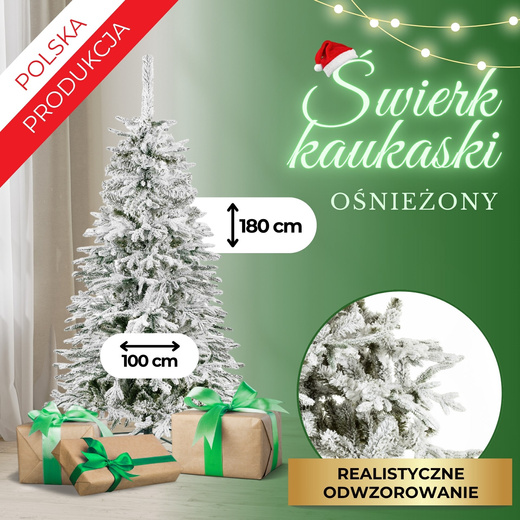 Choinka sztuczna 180 cm świerk kaukaski ośnieżony jak żywy, nowoczesny, ze stojakiem