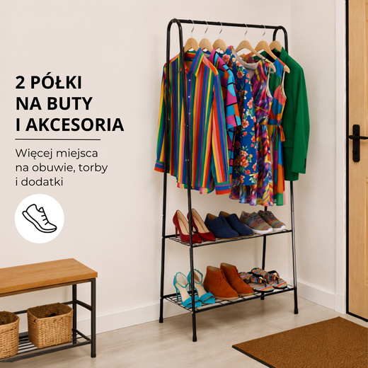 Wieszak stojący na ubrania z półką na buty 150x60x34 cm wolnostojący stojak do garderoby