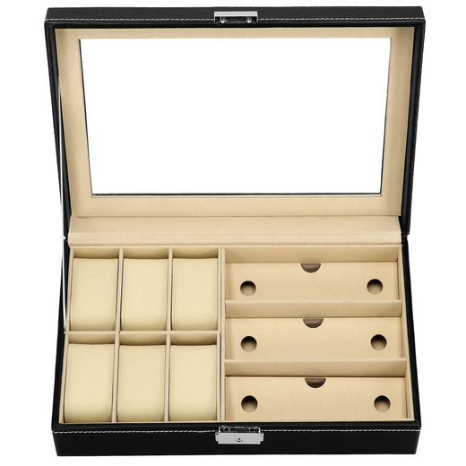 Szkatułka na zegarki 30x20x8cm czarno-kremowy, ekoskóra organizer z przegródkami i lusterkiem