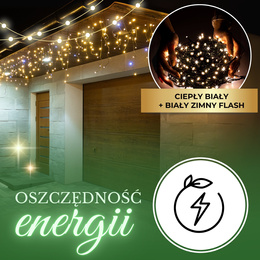 Kurtyna świetlna 500 led girlanda, lampki wewnętrzno-zewnętrzne sople ciepły biały z zimnym białym flash