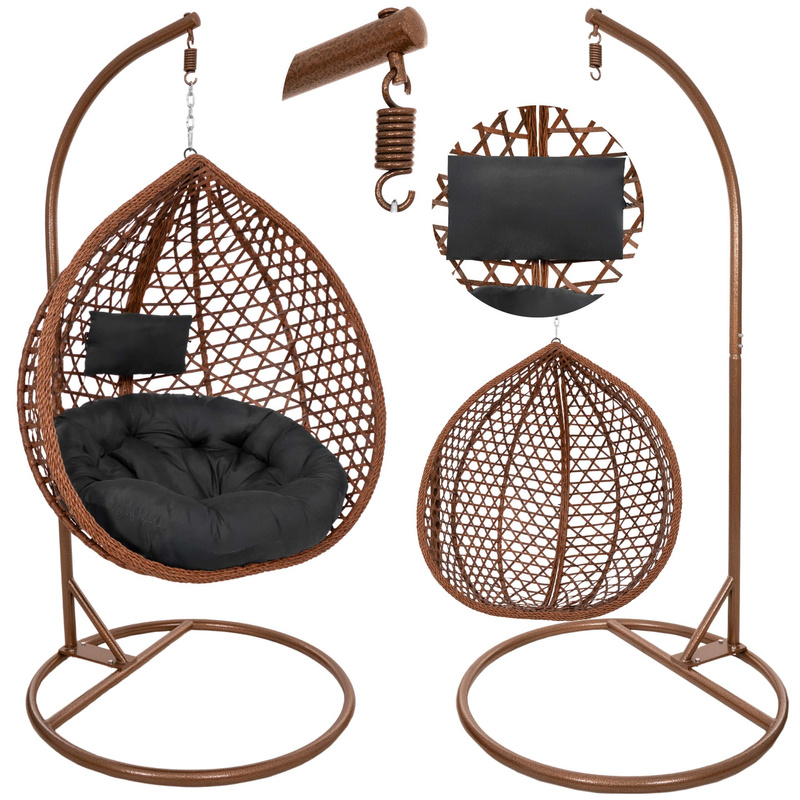 Kokon ogrodowy rattanowy z poduszkami fotel wiszący bujak huśtawka na metalowym stelażu brązowa