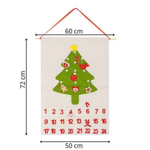 Kalendarz adwentowy, wiszący z 24 przegródkami Choinka, dekoracja świąteczna, filc, multikolor