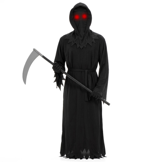 Przebranie na Halloween 146/152 cm strój śmierć, żniwiarz, kostium kostuchy, kosa, okulary LED
