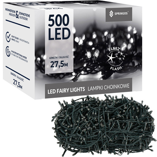 Lampki choinkowe 500 led biały zimny + flash 25m oświetlenie świąteczne IP44