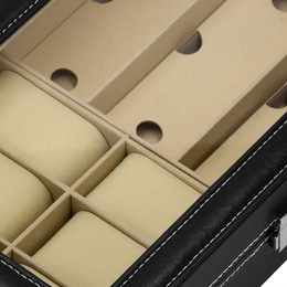 Szkatułka na zegarki 30x20x8cm czarno-kremowy, ekoskóra organizer z przegródkami i lusterkiem