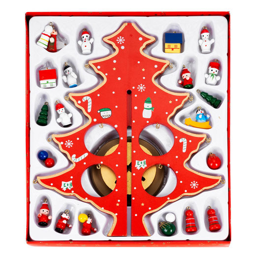 Choinka drewniana świąteczna 29 cm z figurkami dekoracja bożonarodzeniowa czerwona