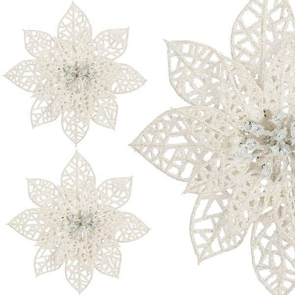 Gwiazda betlejemska 2 szt. sztuczny kwiat, poinsecja ażurowa, biała z brokatem na klipsie