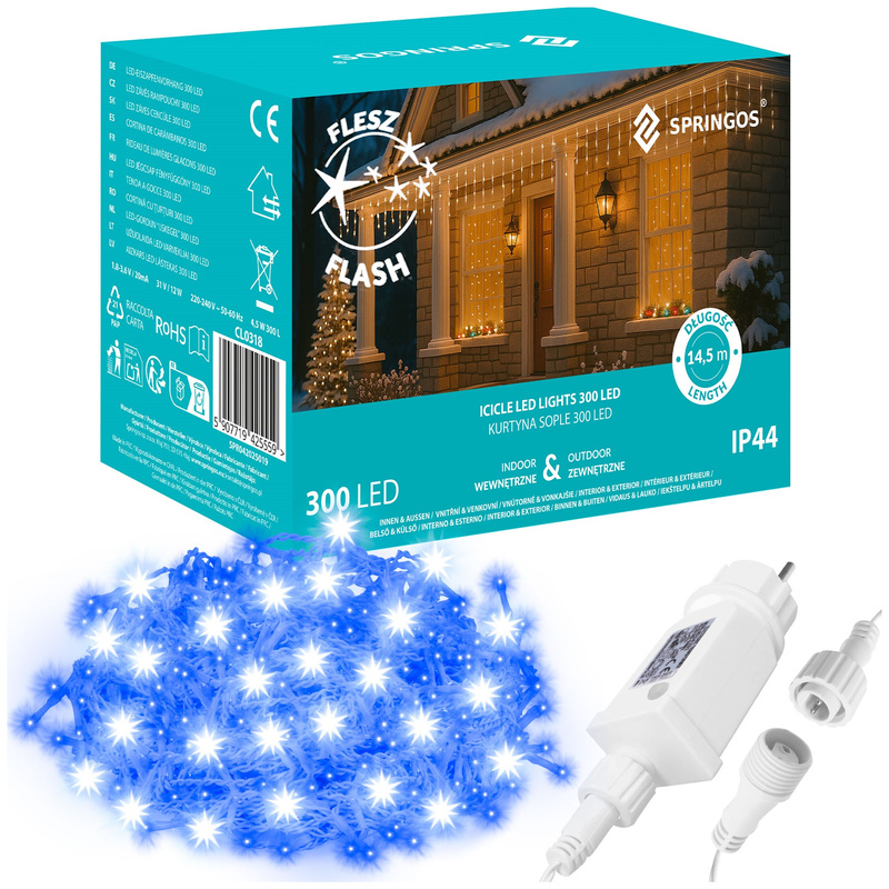 Kurtyna świetlna 300 led girlanda, lampki wewnętrzno-zewnętrzne 14,5 m sople niebieski z zimnym białym flash