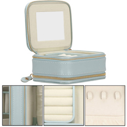 Szkatułka na biżuterię ekoskóra 11,5x8,5x5,5 cm błękitny organizer z przegródkami i lusterkiem