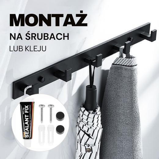 Wieszak łazienkowy ścienny z 5 haczykami do przedpokoju, kuchni aluminiowy czarny
