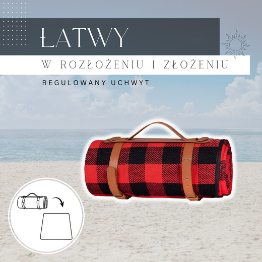 Koc plażowy piknikowy 200x150cm retro mata czerwono-czarna krata