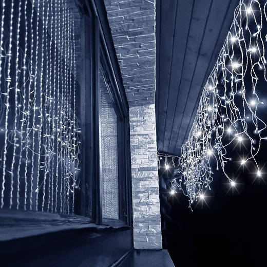 Kurtyna świetlna 300 led girlanda, lampki wewnętrzno-zewnętrzne 15,5 m sople biały zimny + flash