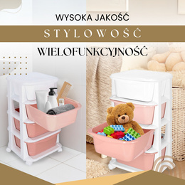 Regał na zabawki z 4 szufladami, pojemnik na kółkach, mobilny orgaznizer różowo-biały