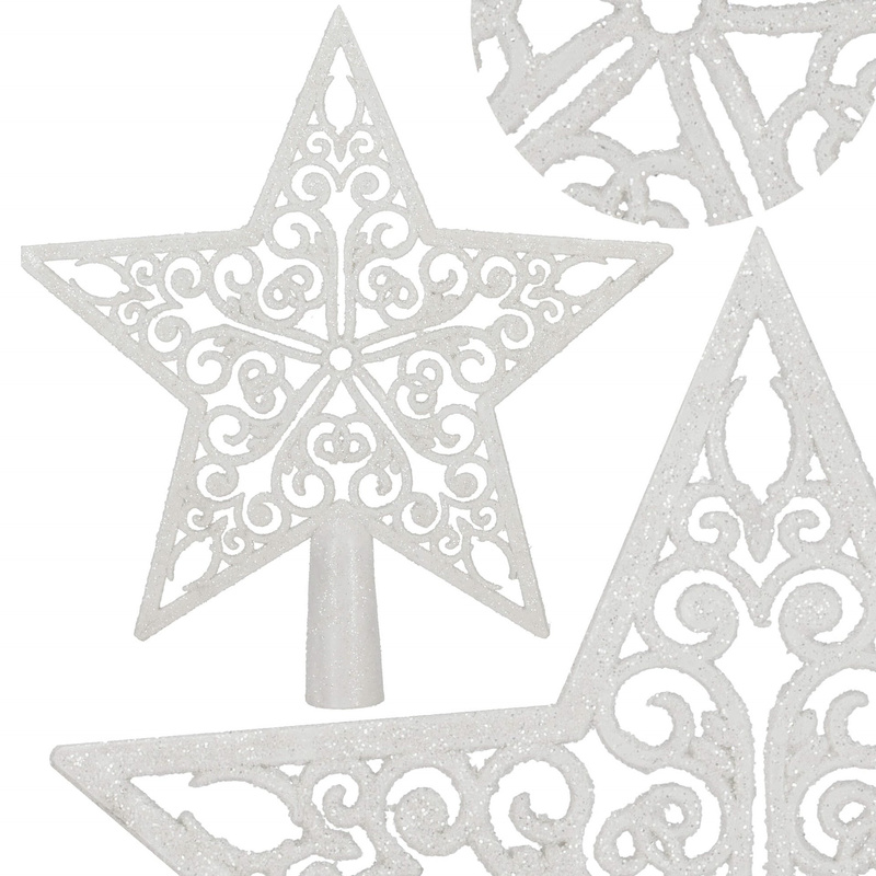 Czubek na choinkę 22 cm szpic, ażurowa gwiazda biała brokatowa