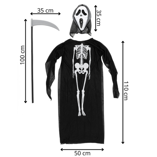Strój na Halloween dla dzieci kostium śmierć z maską, peleryną i kosą kostucha przebranie