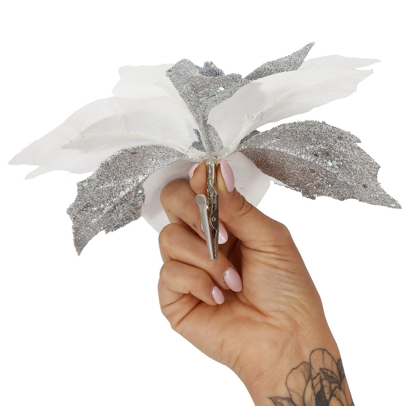 Sztuczna gwiazda betlejemska gałązka poinsecja kwiat biało-srebrny