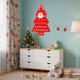 Kalendarz adwentowy, wiszący z 24 okienkami filcowy choinka z mikołajem czerwony