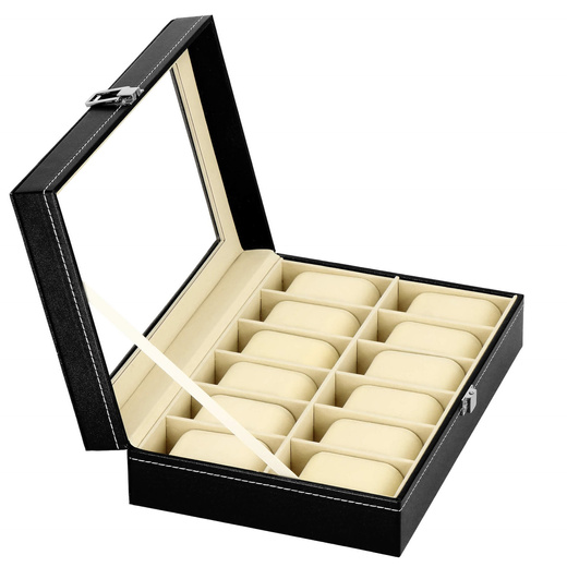 Szkatułka na zegarki 30x20x8 cm czarno-kremowa, ekoskóra organizer z 12 przegródkami