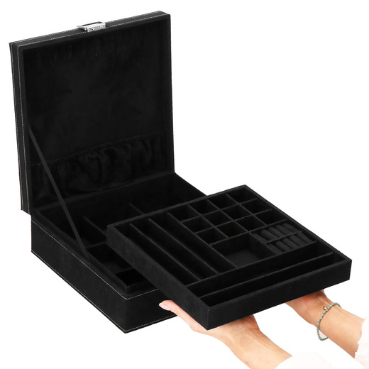 Szkatułka na biżuterię 26x26x9 cm czarny, welurowy organizer z przegródkami