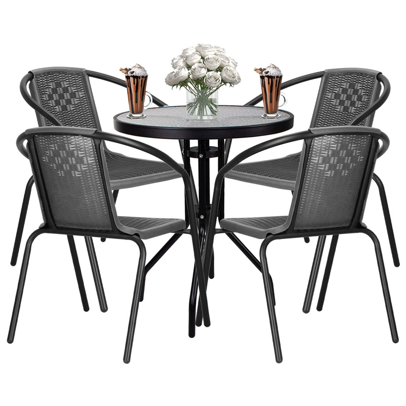 Meble ogrodowe 4 krzesła i okragły stół ze szklanym blatem zestaw na taras czarno-szary