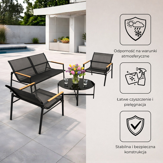 Meble ogrodowe, zestaw dla 4 osób sofa, krzesła, stolik metalowe, czarne