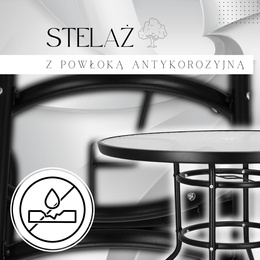 Meble ogrodowe: 4 krzesła plecione i okragły stół ze szklanym blatem zestaw na taras czarno-szary 