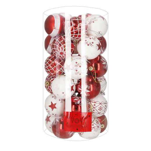 Bombki na choinkę, dekorację choinkowe, świąteczne 30 szt. nietłukące, biało-czerwone