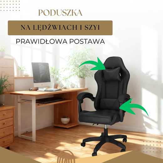 Fotel gamingowy, biurowy z regulacją nachylenia oparcia, krzesło obrotowe dla gracza, ekoskóra, czarny