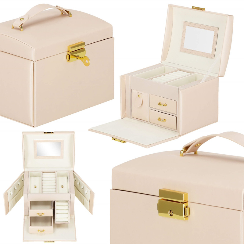 Szkatułka na biżuterię ekoskóra 17,5x12x13,5 cm jasny różowy organizer z przegródkami