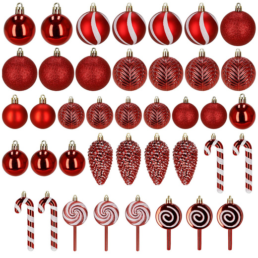 Bombki choinkowe 40 szt. ozdoby kule, lizaki, szyszki, laski cukrowe nietłukące, czerwone