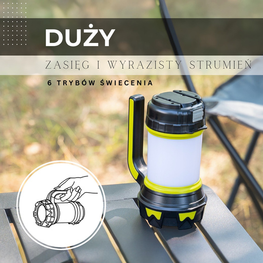 Latarka wielofunkcyjna, turystyczna, biwakowa LED 6 trybów świecienia, z funkcją powerbank