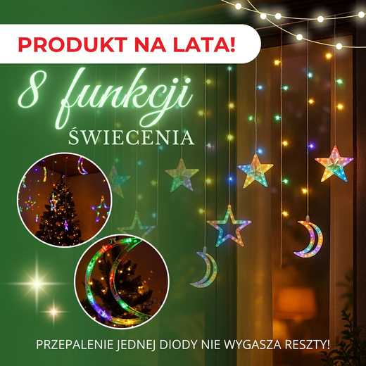 Kurtyna świetlna 138 Led girlanda gwiazdki księżyce lampki sople multikolor