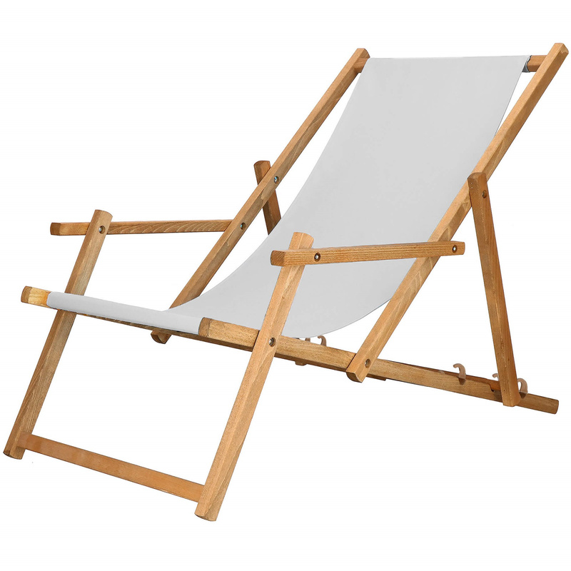 Leżak ogrodowy z podłokietnikami, drewniany z 3-stopniową regulacją, plażowy, jasny szary