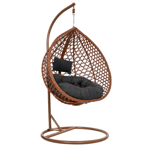 Kokon ogrodowy rattanowy z poduszkami fotel wiszący bujak huśtawka na metalowym stelażu brązowa