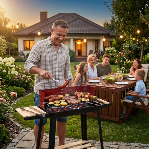 Grill węglowy, ogrodowy z regulowaną wysokością rusztu, przenośny