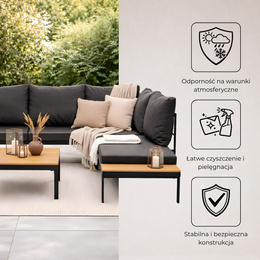 Meble ogrodowe zestaw stolik kawowy, sofa modułowa z poduszkami na taras czarno-brązowy