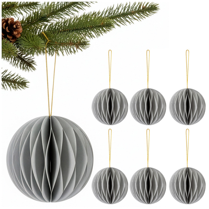 Papierowe bombki 6 szt. zawieszki choinkowe, ozdoby świąteczne 8 cm rozkładane, szary