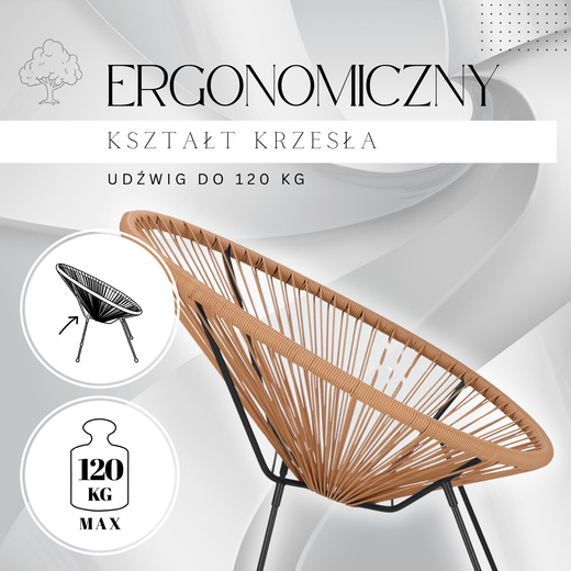 Owalne krzesło ogrodowe, wys. 86 cm rattanowy fotel ażurowy beżowe