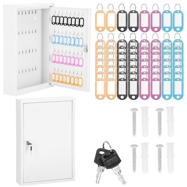 Skrzynka na klucze z 64 zawieszkami, metalowy sejf, kasetka biała