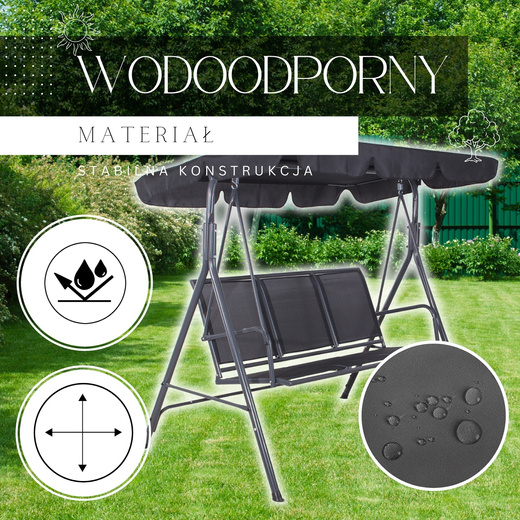 Huśtawka ogrodowa 3 osobowa fiona stalowa do 220 kg z regulowanym daszkiem i poduszkami